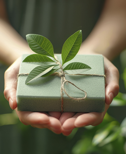Hands holding green product in eco-friendly packaging, emphasizi Hands holding green product in eco-friendly packaging, emphasizi